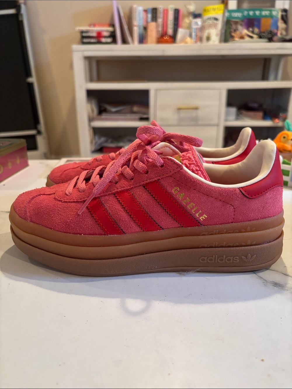 adidas kids Pink Suede Sneakers with Red Stripes